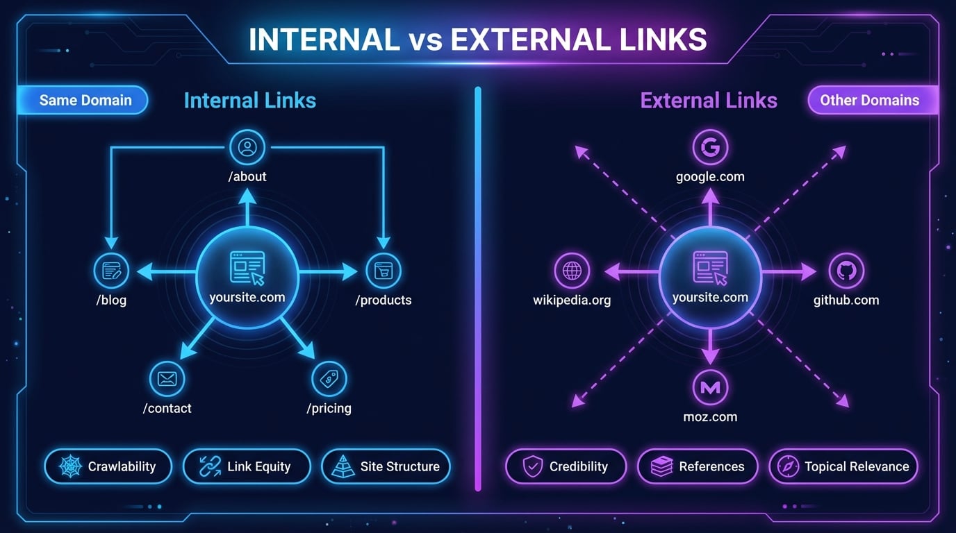 Internal vs external links SEO comparison showing link flow within a website and outbound links to other domains
