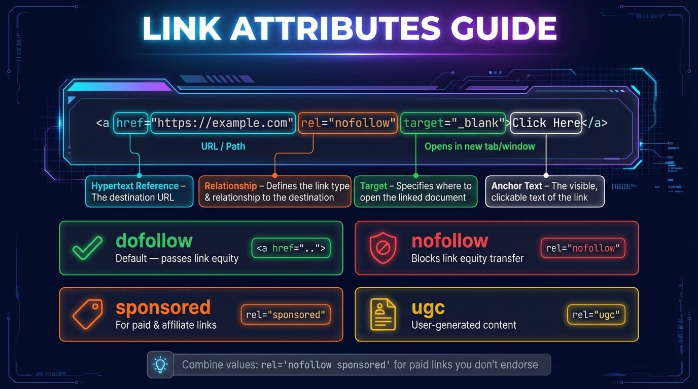 Link Attributes Guide showing nofollow, dofollow, sponsored, and UGC rel attribute types with HTML anchor tag anatomy