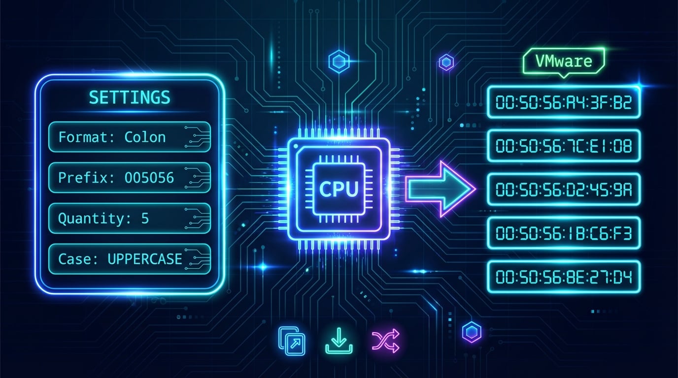 Herramienta generadora de direcciones MAC mostrando opciones de formato, cantidad y bits de configuración