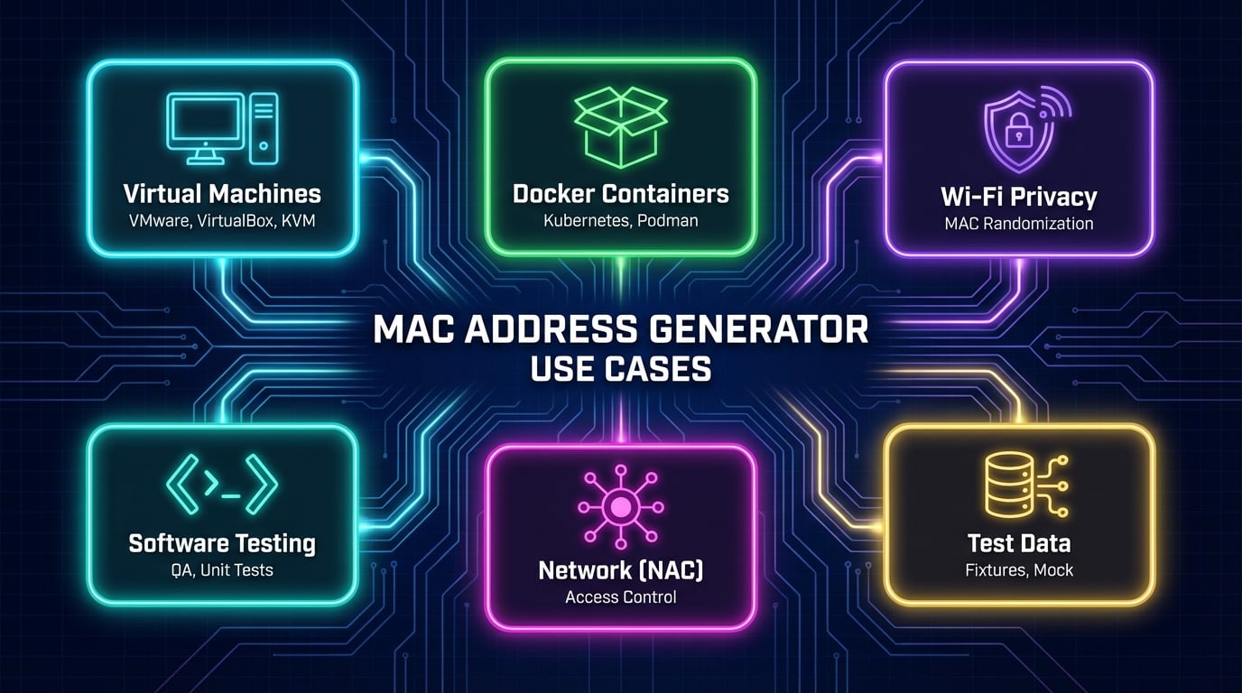 Casos de uso del generador de direcciones MAC: máquinas virtuales, Docker, pruebas de red y privacidad