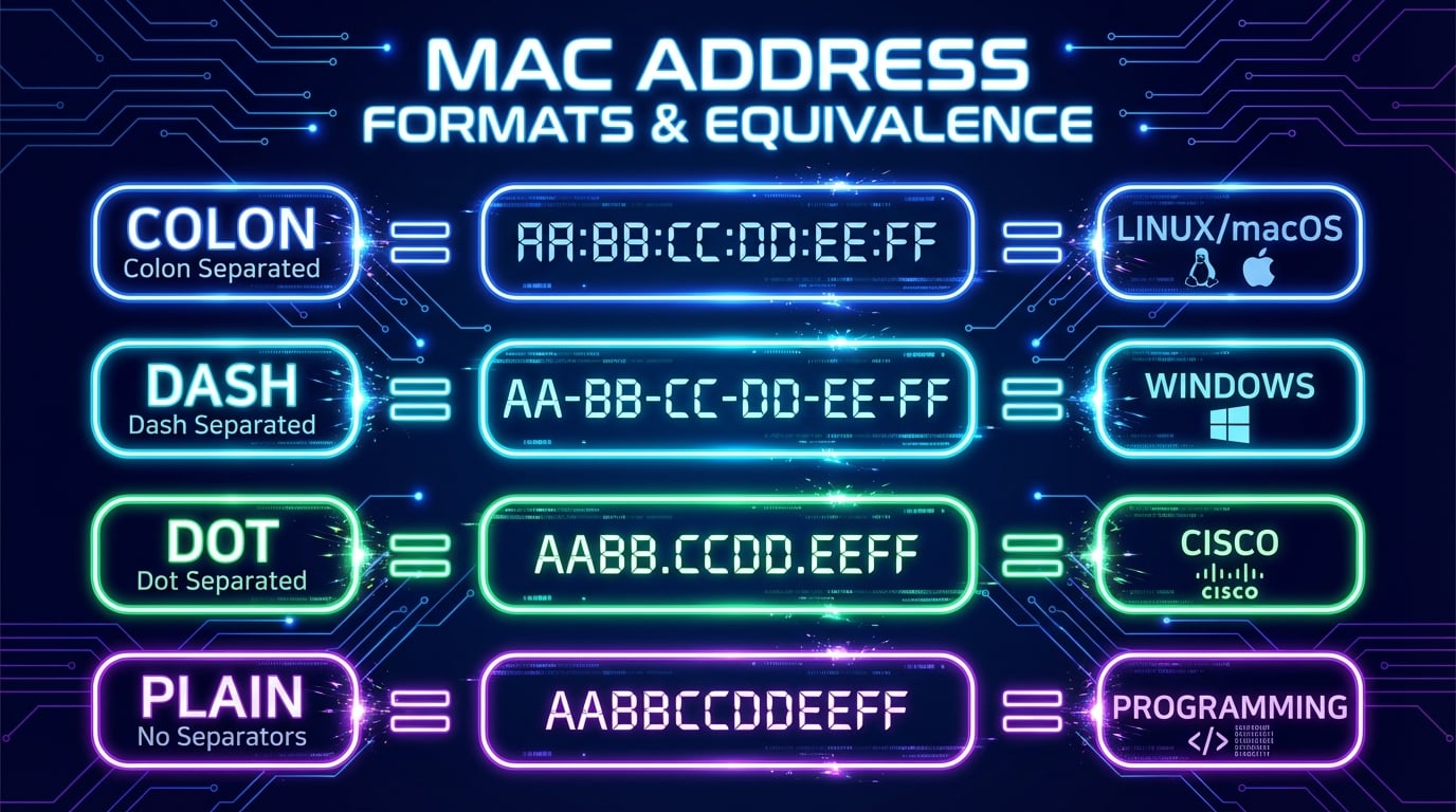 Comparação dos quatro formatos de endereço MAC — dois-pontos, traço, ponto e simples com exemplos