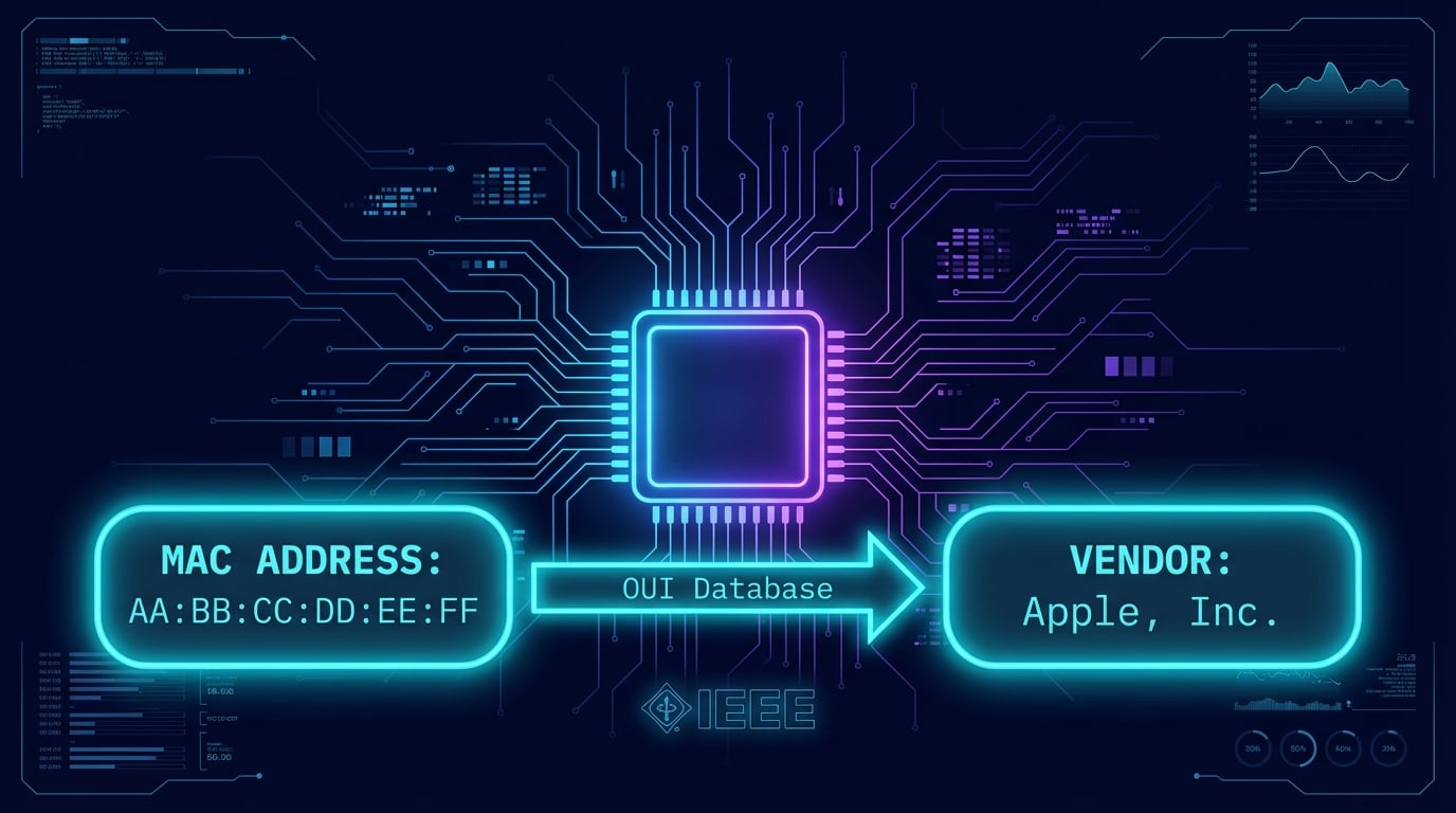 MAC address lookup tool showing how OUI prefix maps a MAC address to its vendor manufacturer in the IEEE database