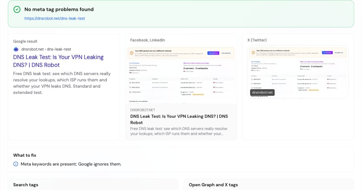 Meta tag checker showing Google, Facebook and X previews of a page above its title, description and Open Graph tags