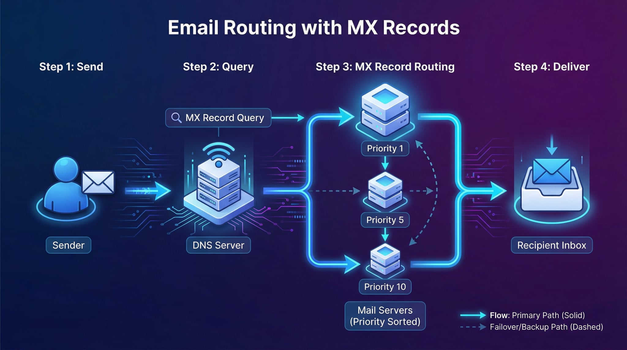 Diagramm zeigt wie E-Mail-Routing über MX-Einträge und Mailserver-Prioritäten funktioniert