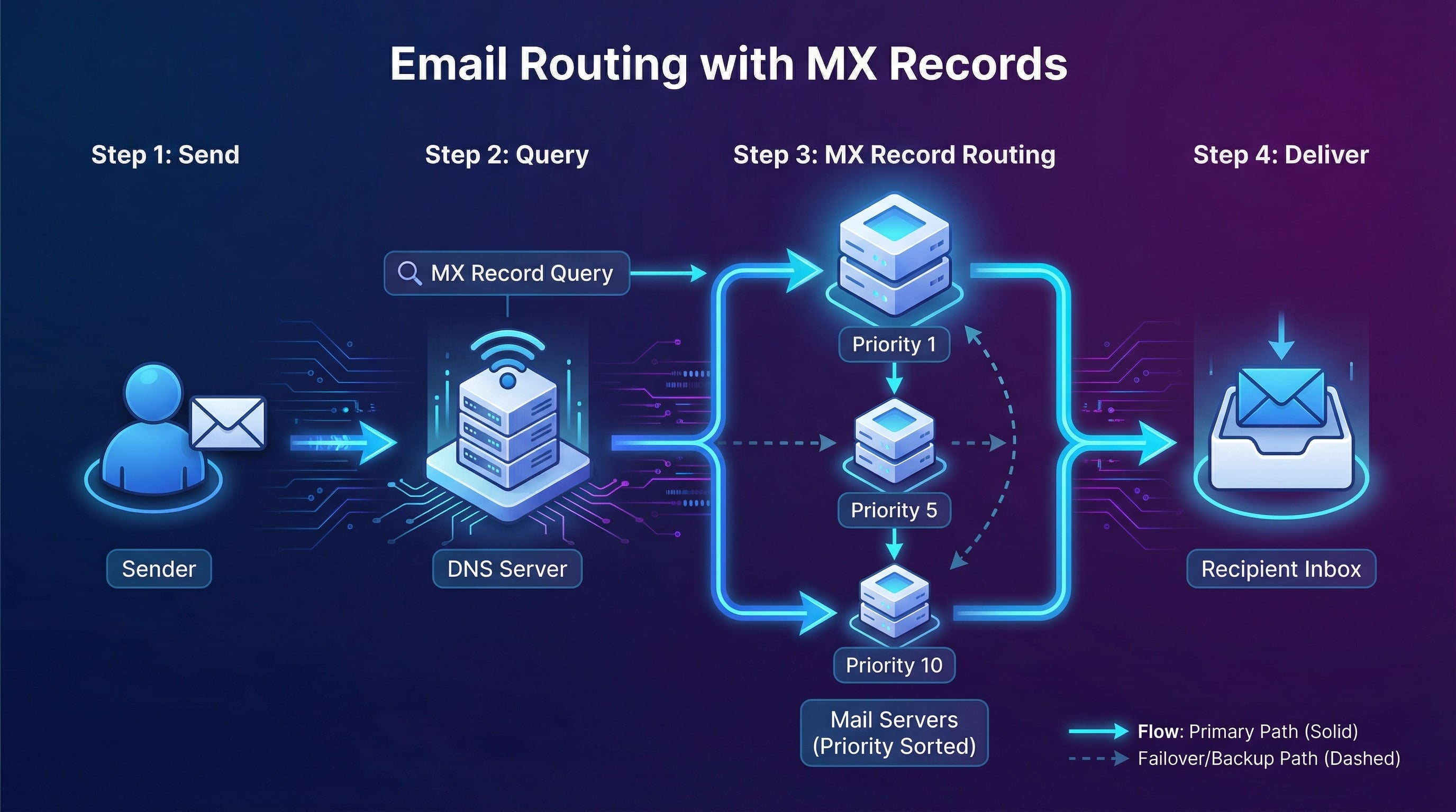 Email routing diagram showing MX record lookup, mail server selection by priority, and SMTP delivery