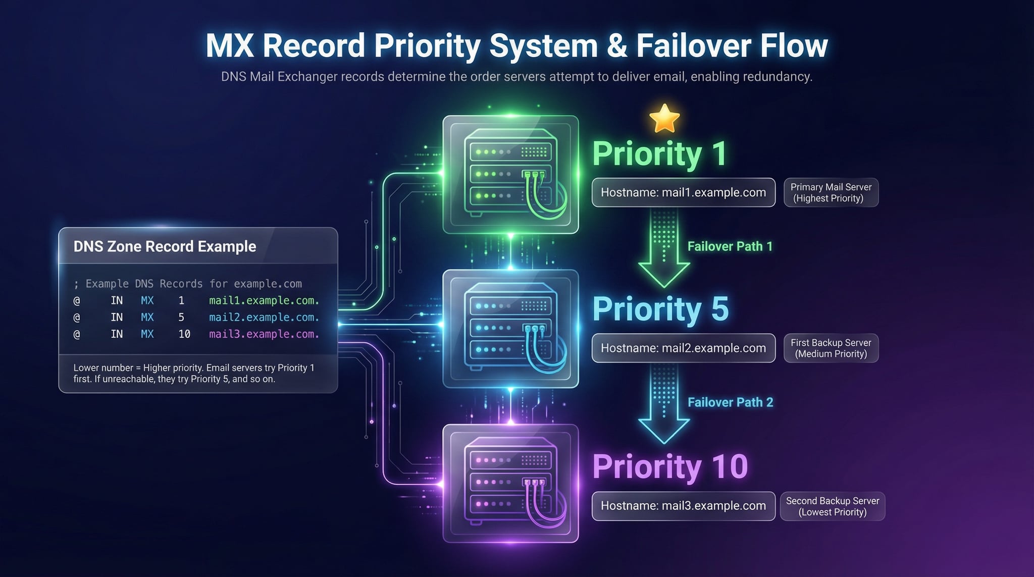 Prioridad de registro MX explicada mostrando servidores contactados en orden con números menores intentados primero