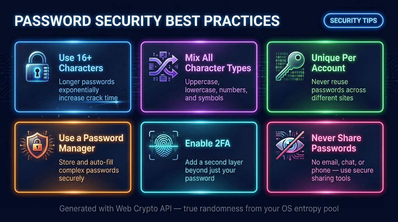Password security best practices infographic showing six essential rules for creating and managing strong passwords