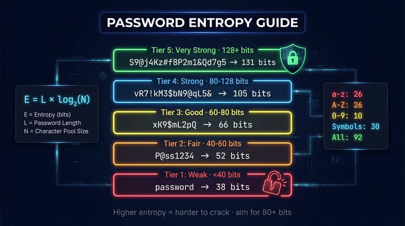 Password entropy and strength guide showing five tiers from Weak to Very Strong with bit ranges and crack time estimates