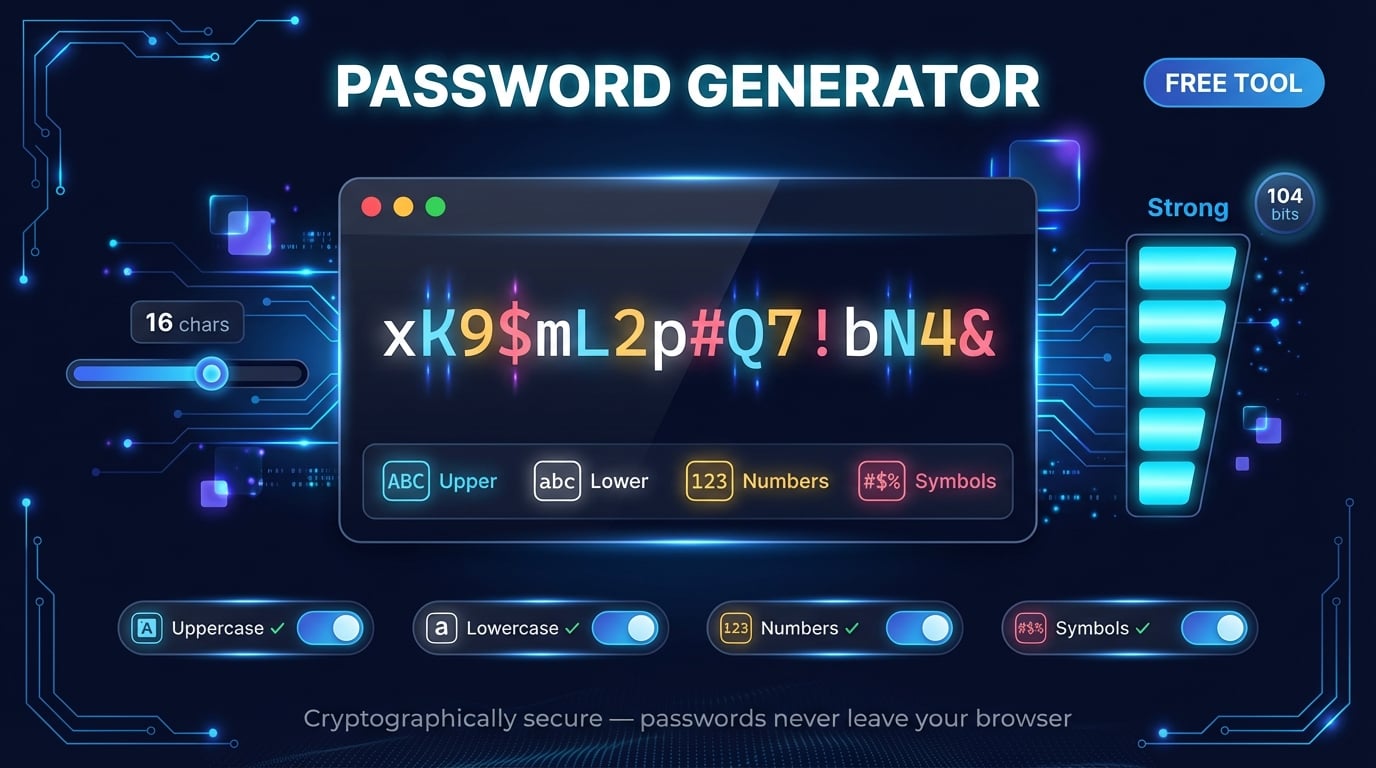 Pembuat kata sandi menampilkan antarmuka dengan opsi panjang, jenis karakter, dan analisis entropi password