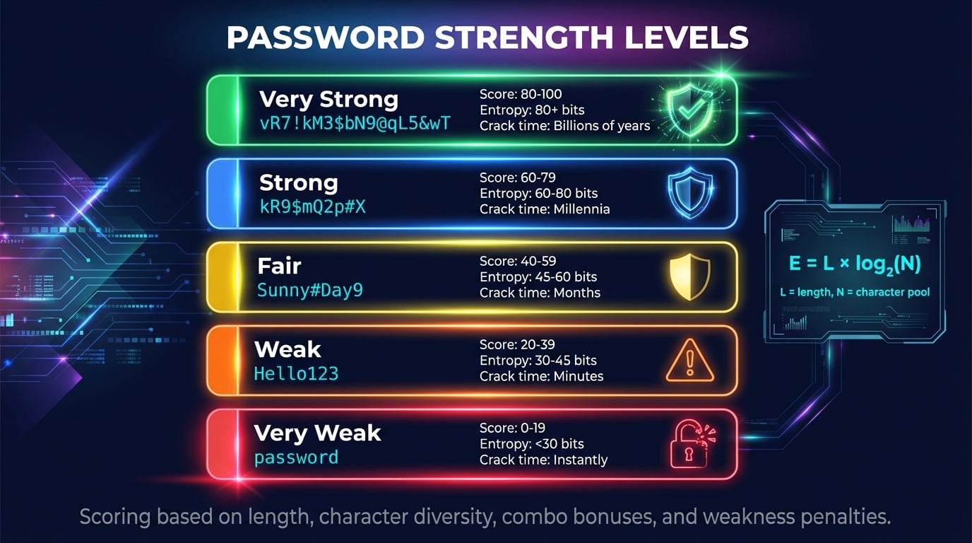 Hướng dẫn các mức độ mạnh mật khẩu: rất yếu (0-20) đến rất mạnh (80-100) với ví dụ và thời gian bẻ khóa