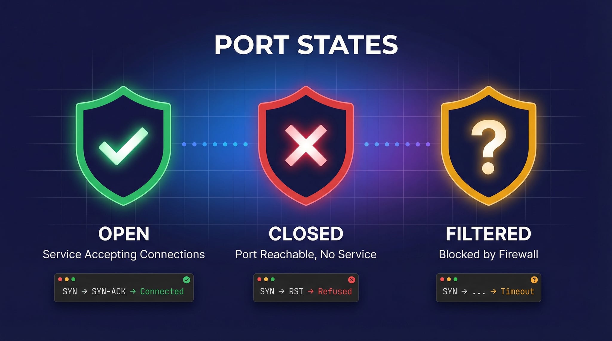 Port states explained - Open port with green checkmark, Closed port with red X, and Filtered port with question mark