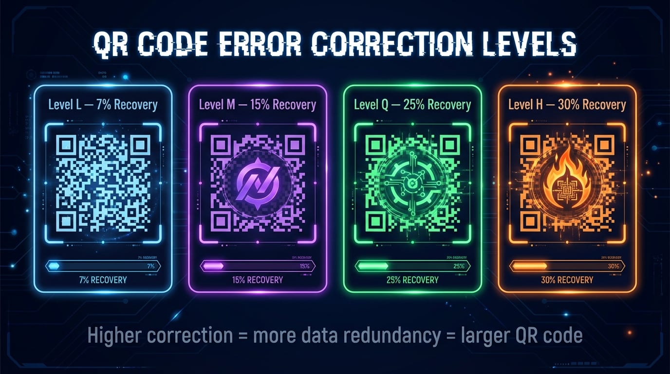 QR code error correction levels comparison showing Level L at 7 percent, Level M at 15 percent, Level Q at 25 percent, and Level H at 30 percent recovery