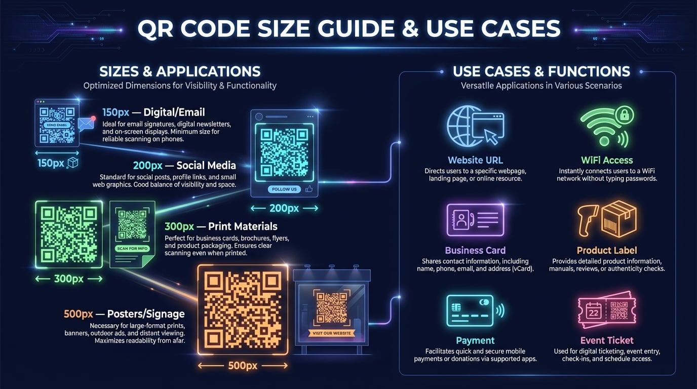 QR code size guide showing 150px for digital, 200px for social media, 300px for print, and 500px for signage with real-world use case examples