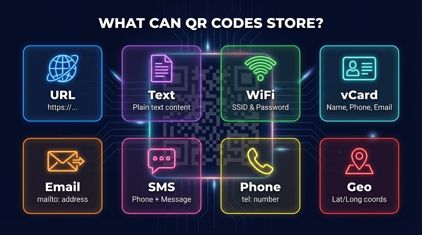 QR code data types infographic showing 8 types of data QR codes can store including URLs, text, WiFi, vCard, email, SMS, phone, and geo coordinates