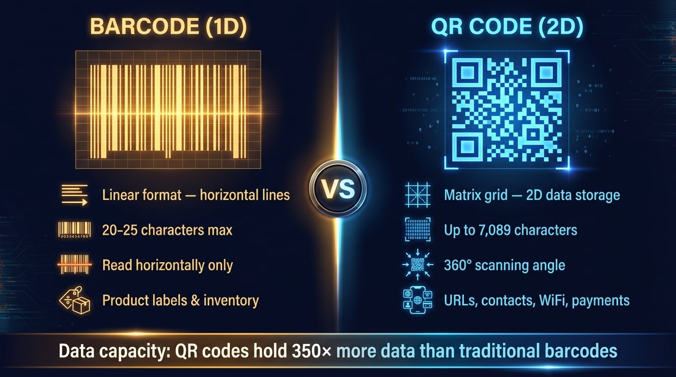 QR code vs barcode comparison showing differences in data capacity, scanning angle, error correction, and use cases