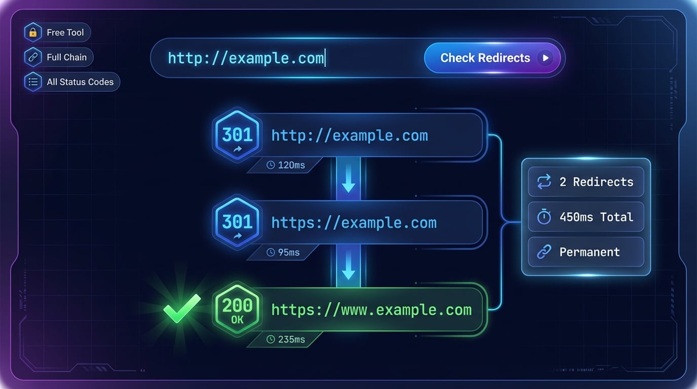Checker przekierowań URL online — śledzenie łańcucha 301/302/307 z czasami odpowiedzi i analizą SEO w DNS Robot