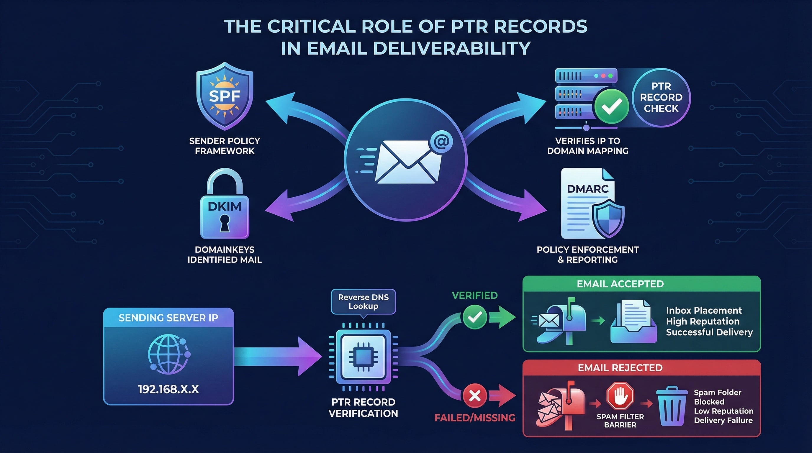 PTR record email deliverability showing mail servers checking reverse DNS and validating FCrDNS