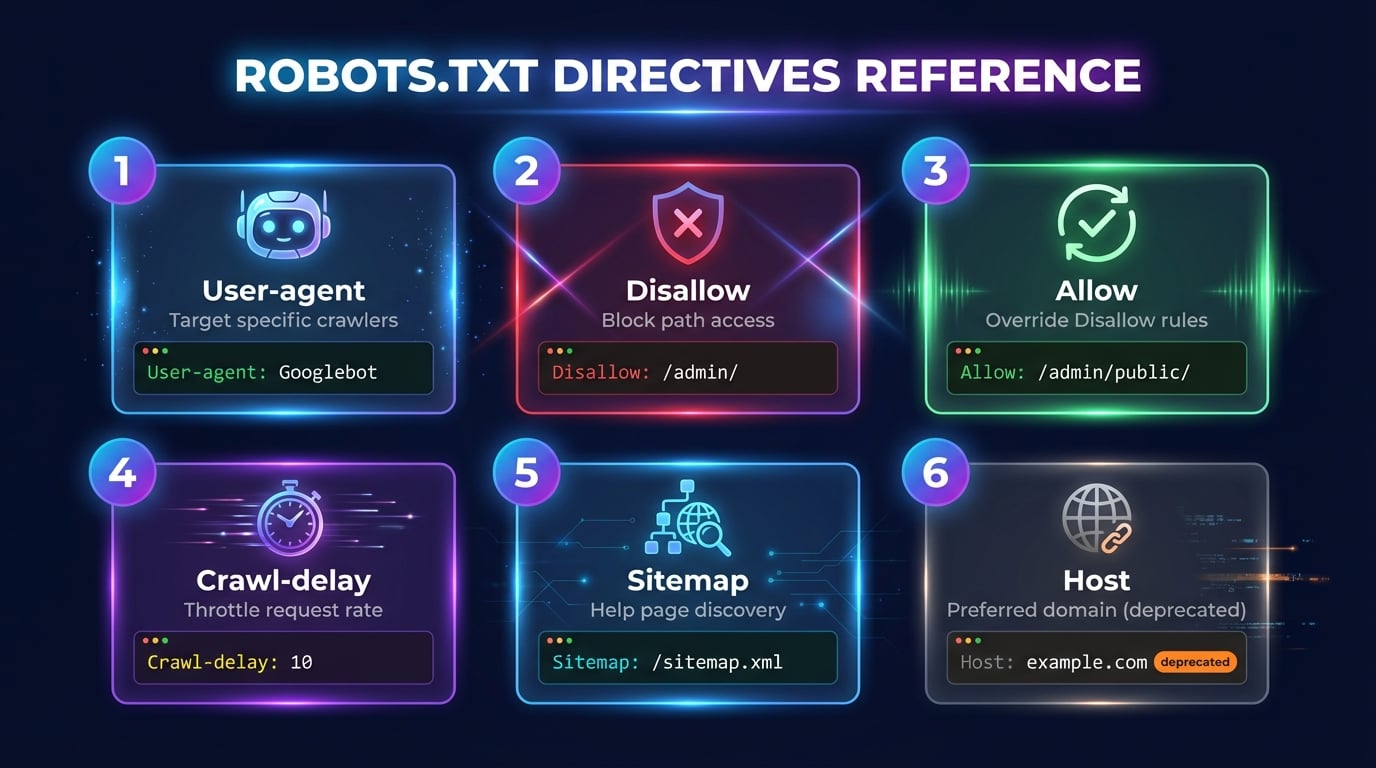 Dokumentacja dyrektyw robots.txt — User-agent, Disallow, Allow, Sitemap i Crawl-delay z przykładami