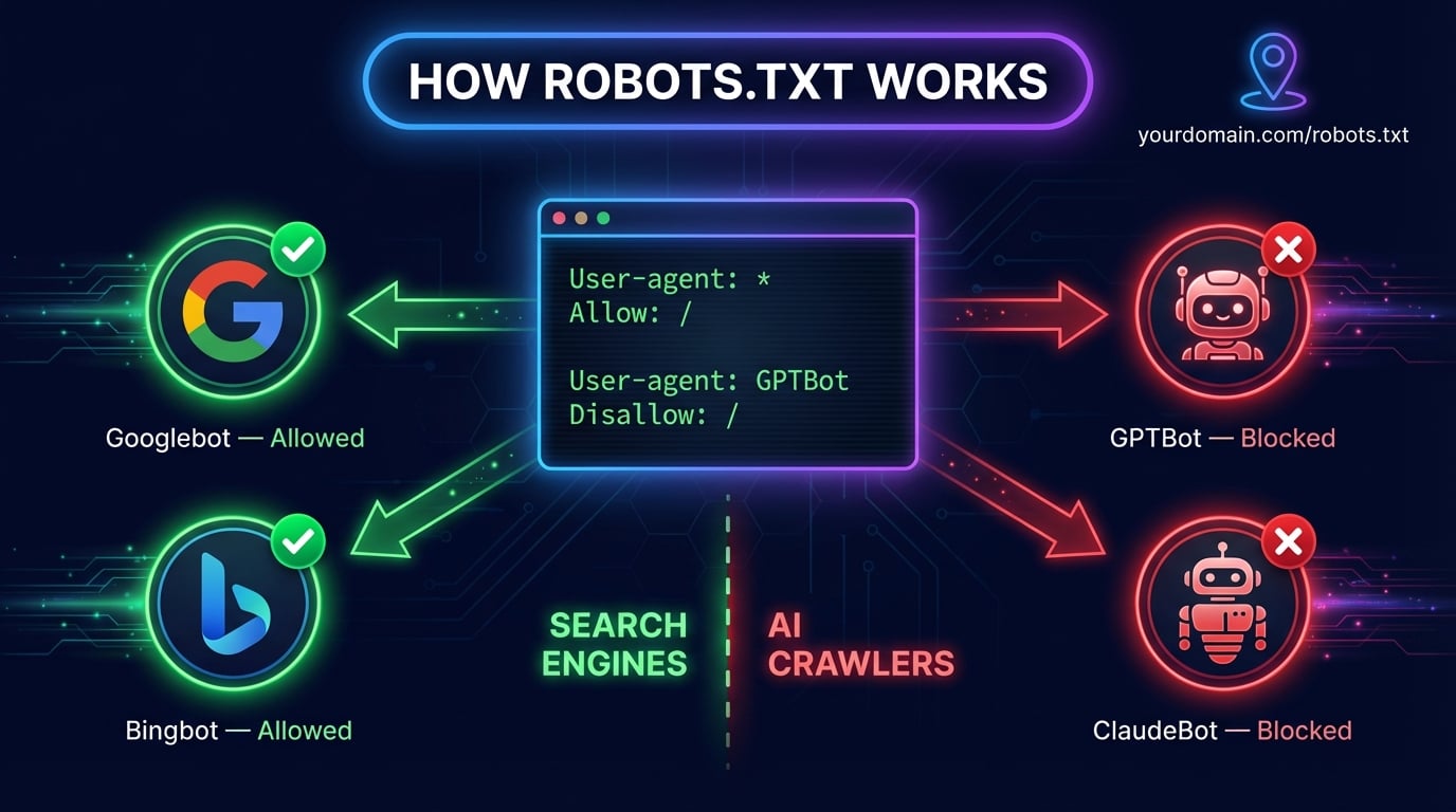 Generator robots.txt z edytorem wizualnym pokazujący presety, reguły crawlerów i podgląd pliku