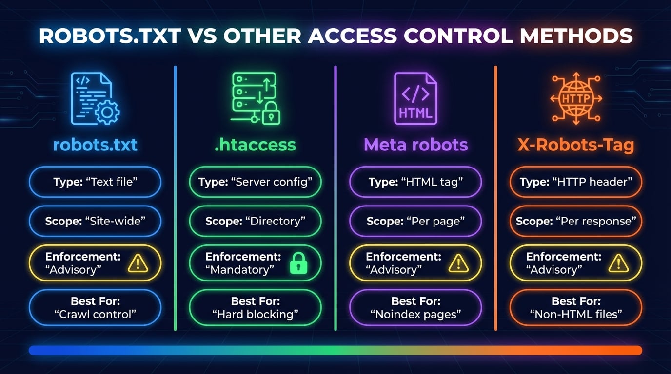 Comparação entre robots.txt, meta robots, X-Robots-Tag e .htaccess para controle de acesso