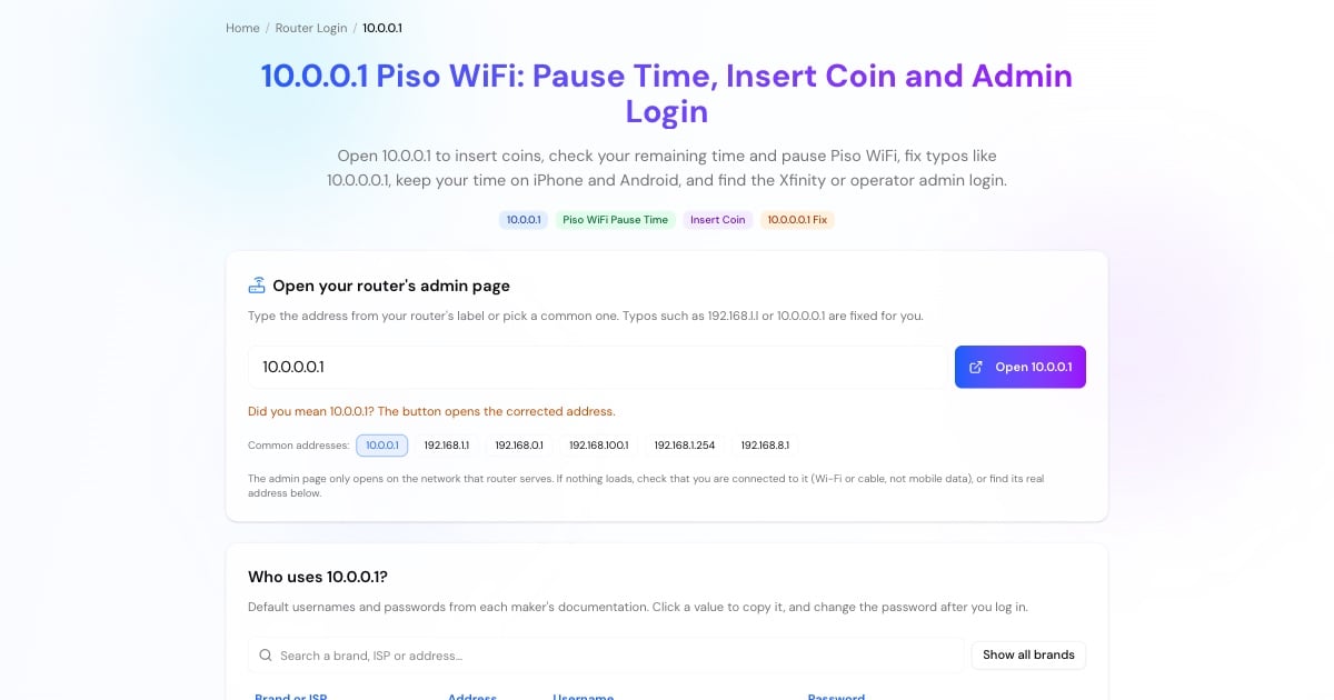 10.0.0.1 helper with a button to open the Piso WiFi portal, typo fixer and the brands that use 10.0.0.1