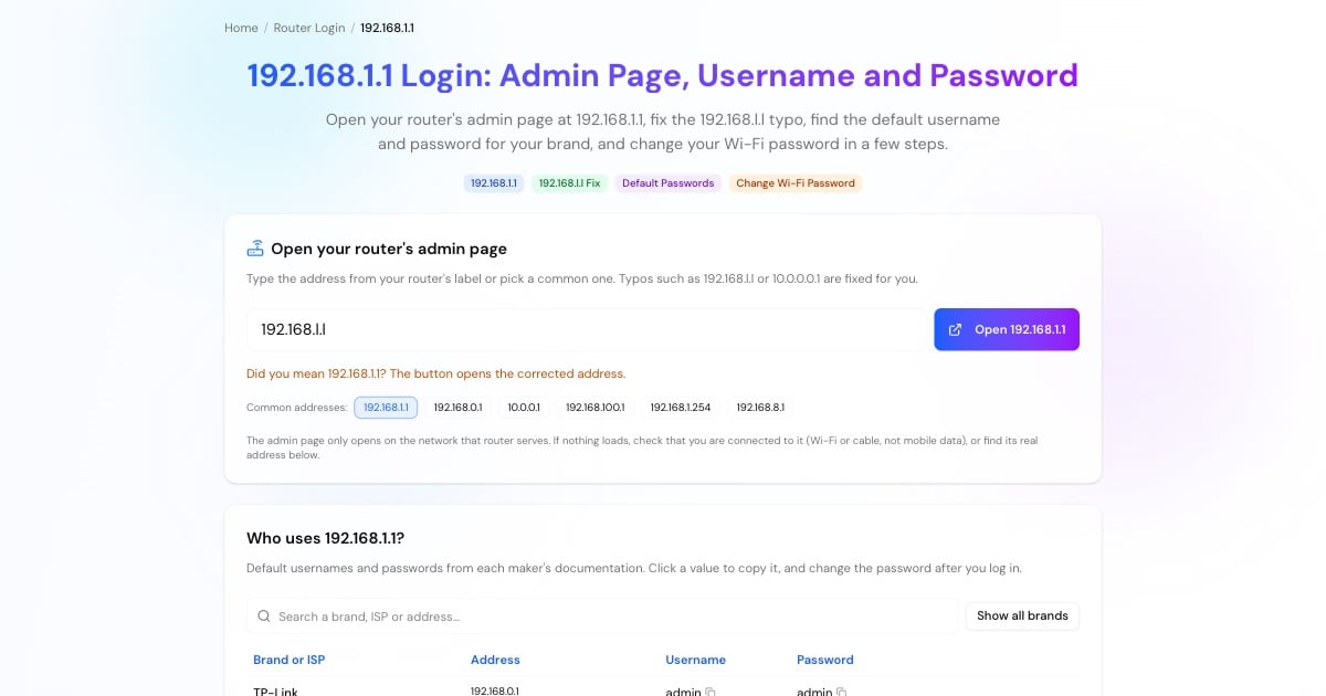 192.168.1.1 login helper with an Open 192.168.1.1 button, typo fixer and the routers that use 192.168.1.1