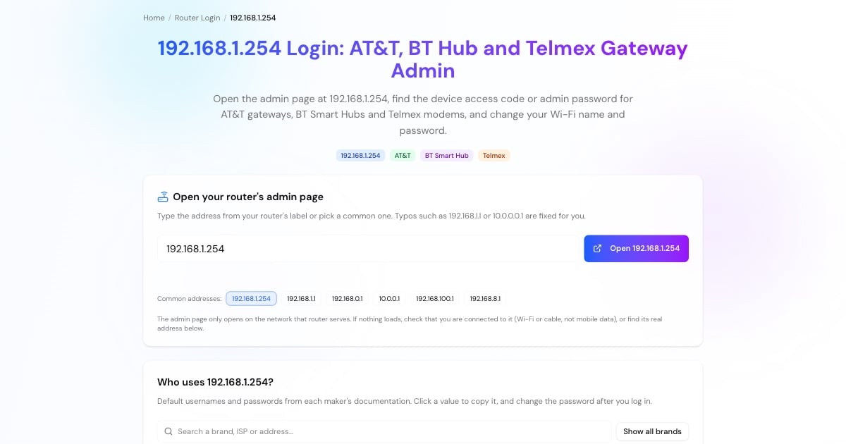 192.168.1.254 login helper with an Open 192.168.1.254 button and the AT&T, BT and Telmex gateways that use it