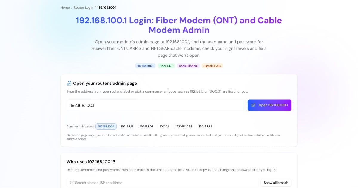 192.168.100.1 login helper with an Open 192.168.100.1 button and the fiber ONTs and cable modems that use 192.168.100.1