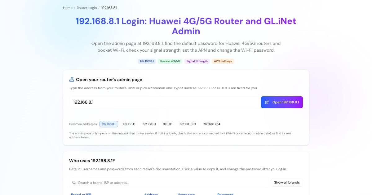 192.168.8.1 login helper with an Open 192.168.8.1 button and the Huawei and GL.iNet routers that use 192.168.8.1