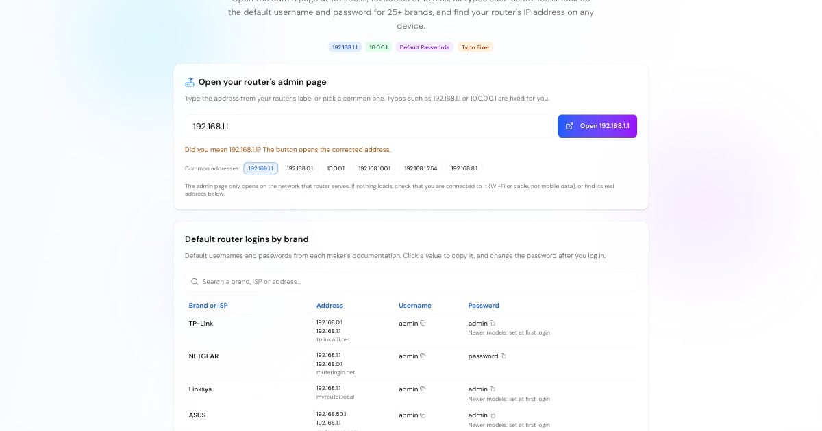 Router-Login-Tool: Adresse eingeben, Tippfehler korrigieren und Router-Oberfläche öffnen, mit Standard-Logins nach Marke