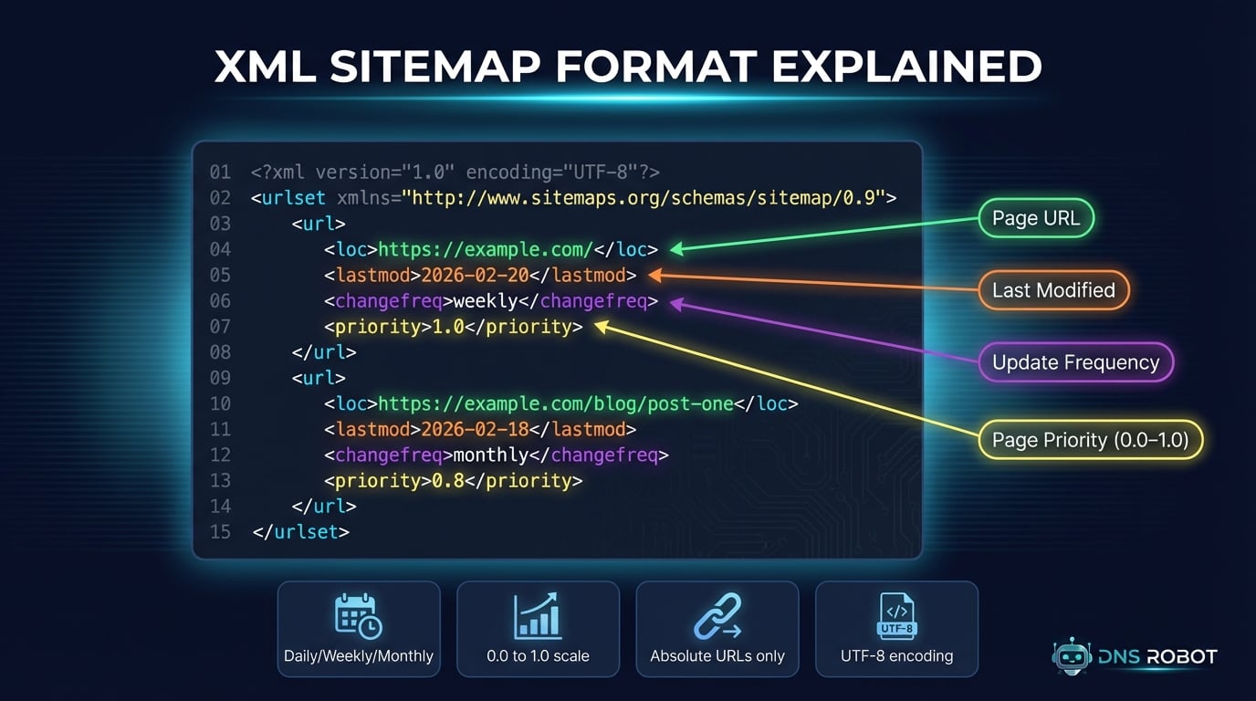 Struktura formatu sitemap XML z wyjaśnieniem tagów loc, lastmod, changefreq i priority