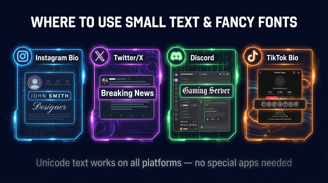 Small text and fancy font use cases on social media platforms including Instagram bio, Twitter profile, Discord messages, and TikTok bio