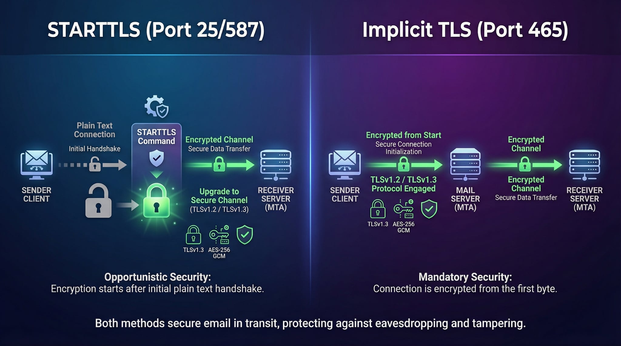 SMTP TLS encryption comparison showing STARTTLS upgrade versus implicit TLS connection flow