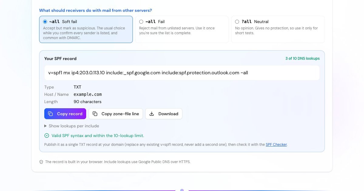 SPF Record Generator mit Ergebnis für Google Workspace, Microsoft 365, mx und einen IPv4-Server bei 3 von 10 Lookups