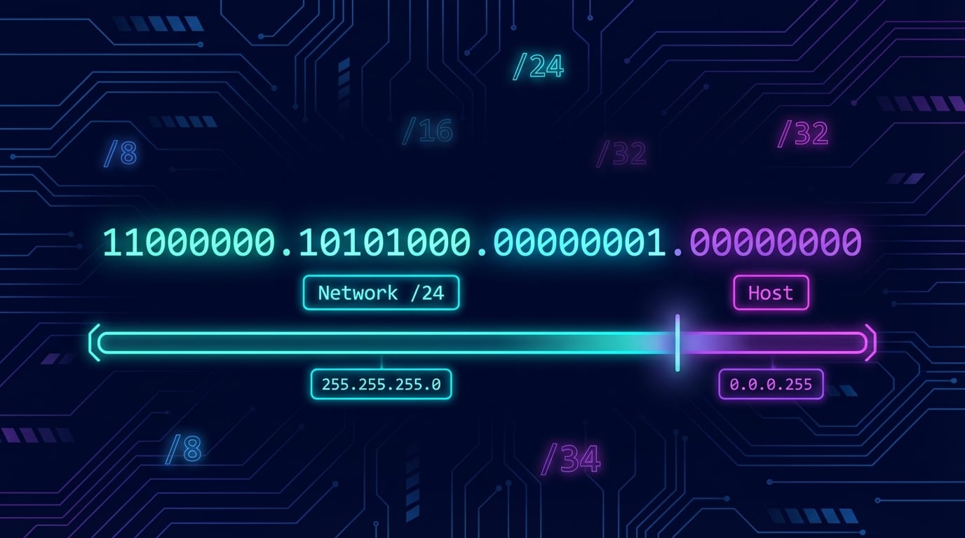 Visual guide showing how CIDR notation divides IPv4 and IPv6 addresses into network and host portions with binary mask representation