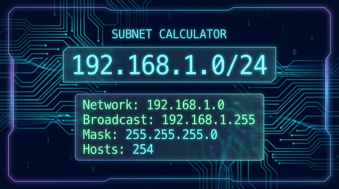 Calculadora de subredes mostrando notacion CIDR con direccion de red, broadcast y mascara de subred