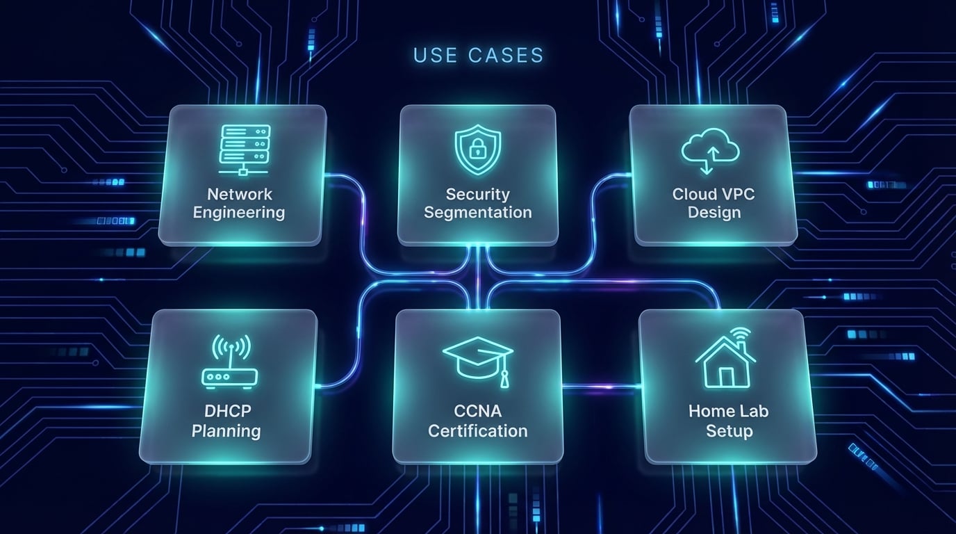 Infographic showing subnet calculator use cases including network design, cloud VPC planning, security segmentation, and CCNA certification preparation