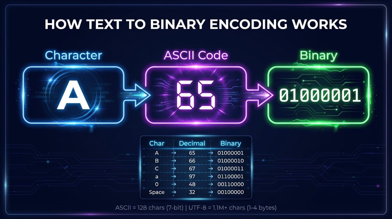 How text to binary encoding works showing letter A mapped to ASCII code 65 and then to binary 01000001 with step-by-step arrows