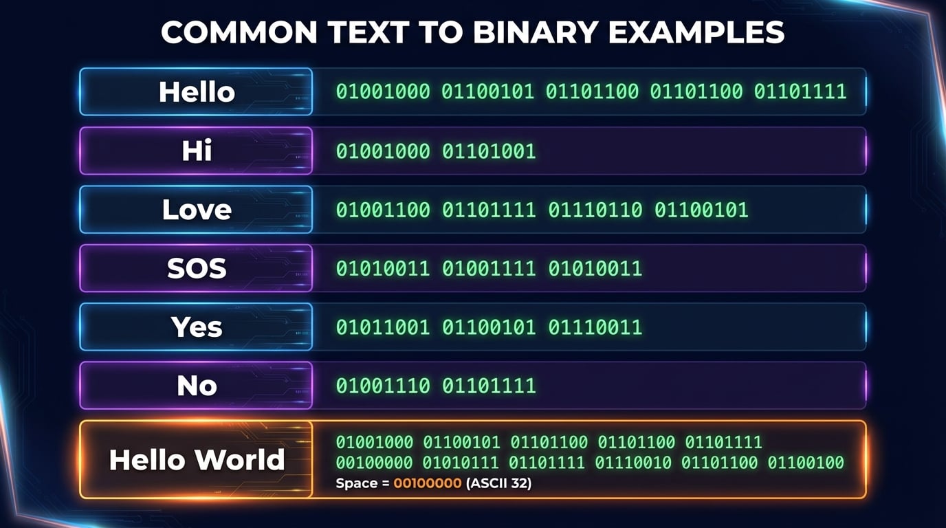 Common text to binary conversion examples reference chart showing Hello, Hi, Love, SOS, Yes, and No with their binary code representations