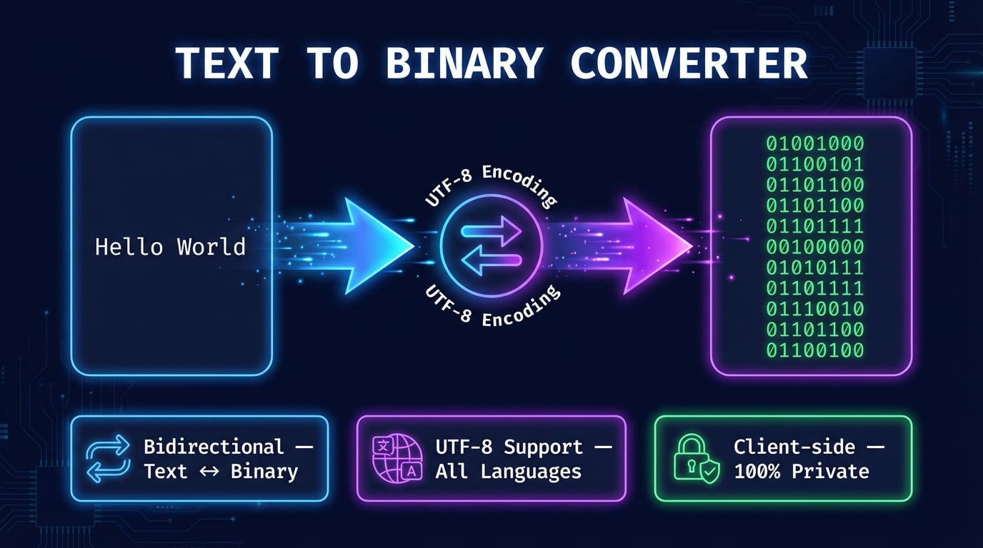 Text to Binary Converter tool showing text input panel with 'Hello World' and binary output panel with 01001000 01100101 binary code