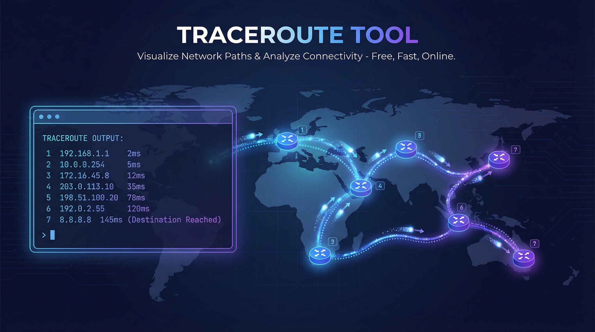Herramienta de traceroute en linea mostrando la ruta de red salto a salto con IPs, hostnames y latencia