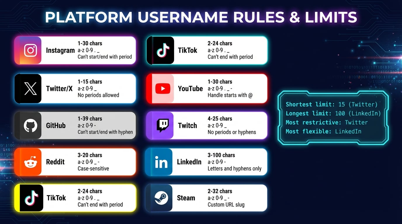 Regras de username das principais plataformas sociais — Instagram, TikTok, Twitter, YouTube, Discord e mais