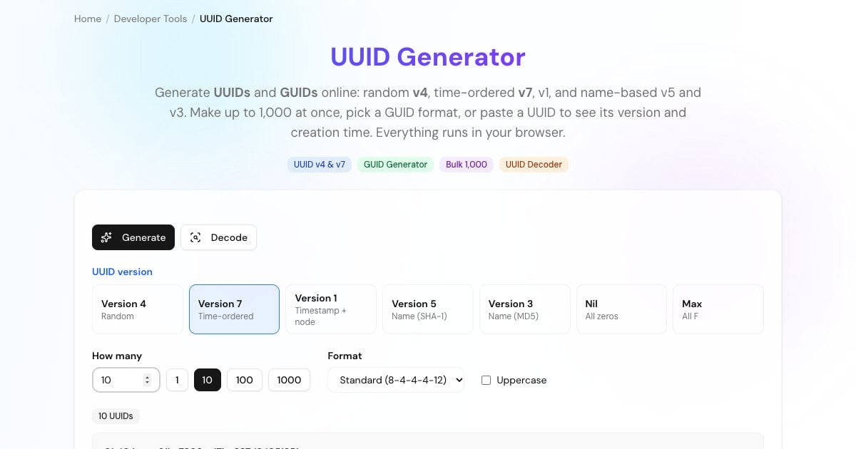 UUID-Generator mit einer neuen zufälligen v4-UUID und Buttons für die Versionen v7, v1, v5, v3, Nil und Max