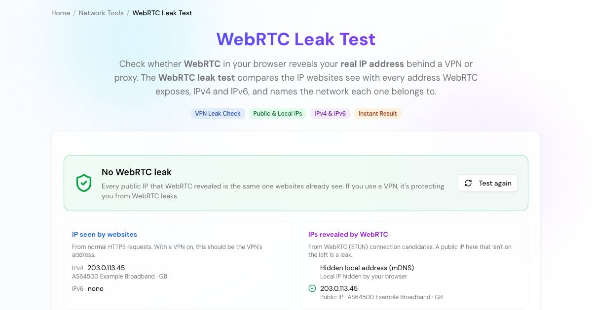 Результат теста утечки WebRTC: IP, который видят сайты, рядом с IP-адресами, которые раскрывает WebRTC