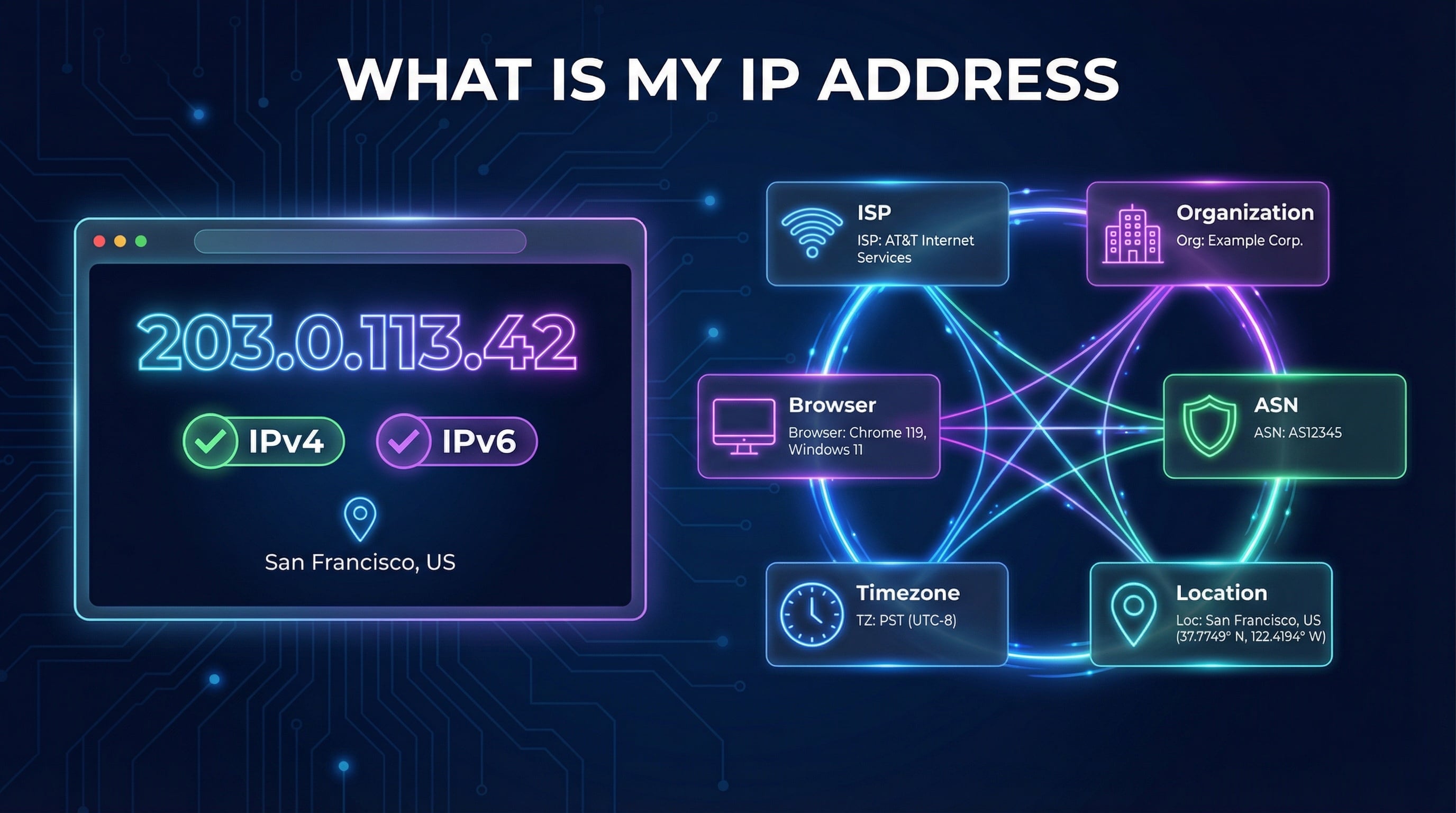 What Is My IP Address tool showing public IPv4 address, IPv6, ISP, ASN, geolocation, and browser details auto-detected from connection
