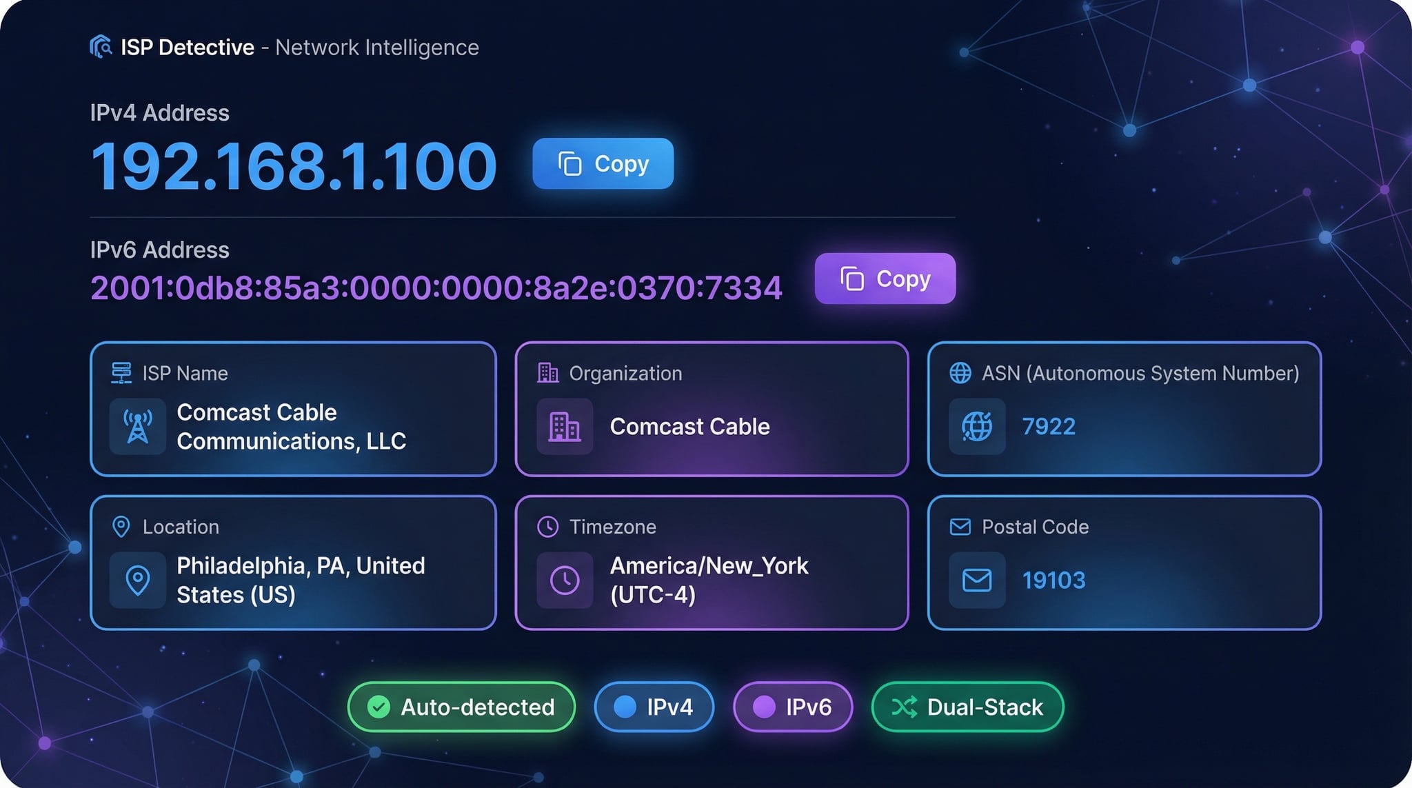 What Is My ISP tool showing ISP name, IPv4 and IPv6 addresses, ASN, and location details auto-detected from public IP address
