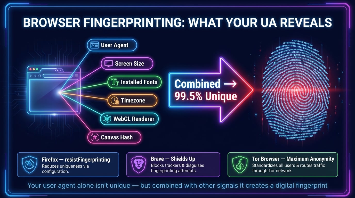 Como o user agent contribui para fingerprinting de navegador junto com resolução, fontes e WebGL