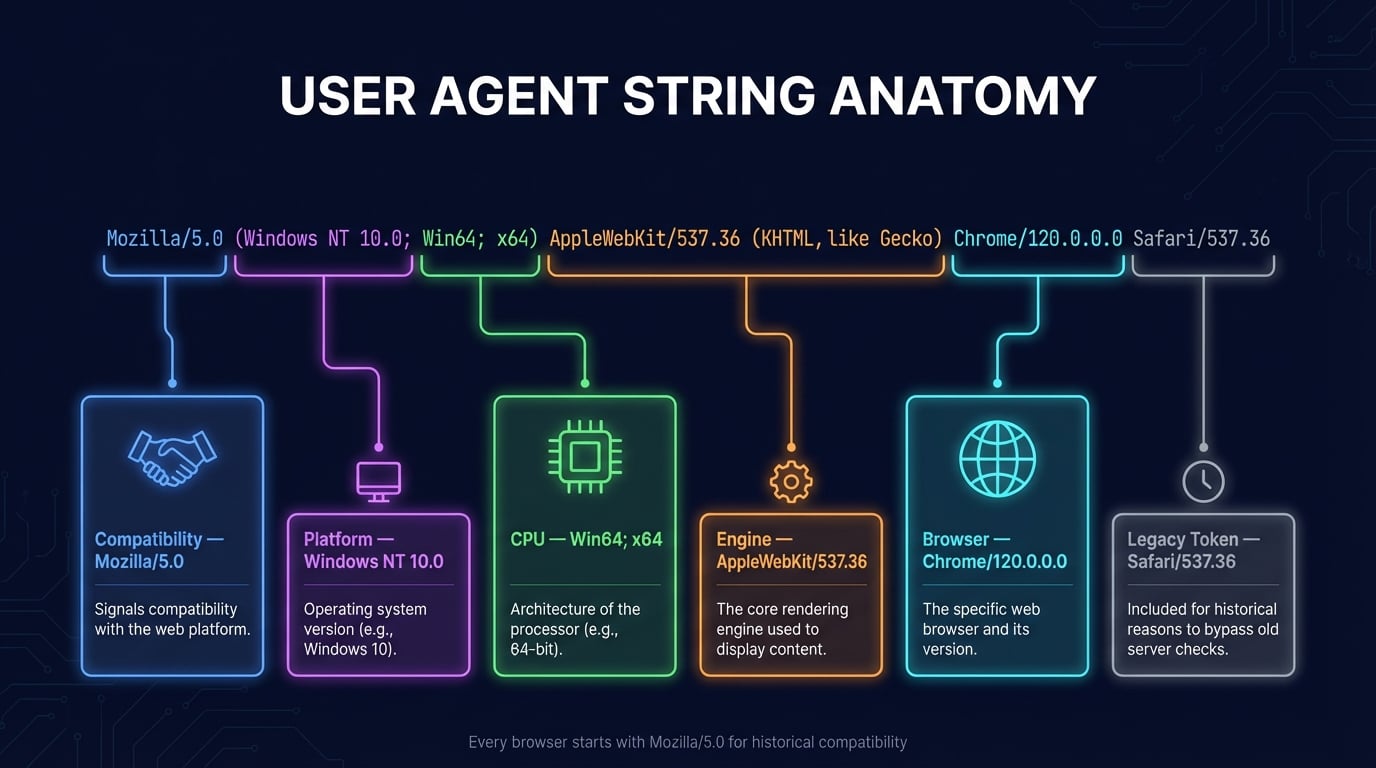 Decomposição dos componentes do user agent string: navegador, SO, motor de renderização e dispositivo