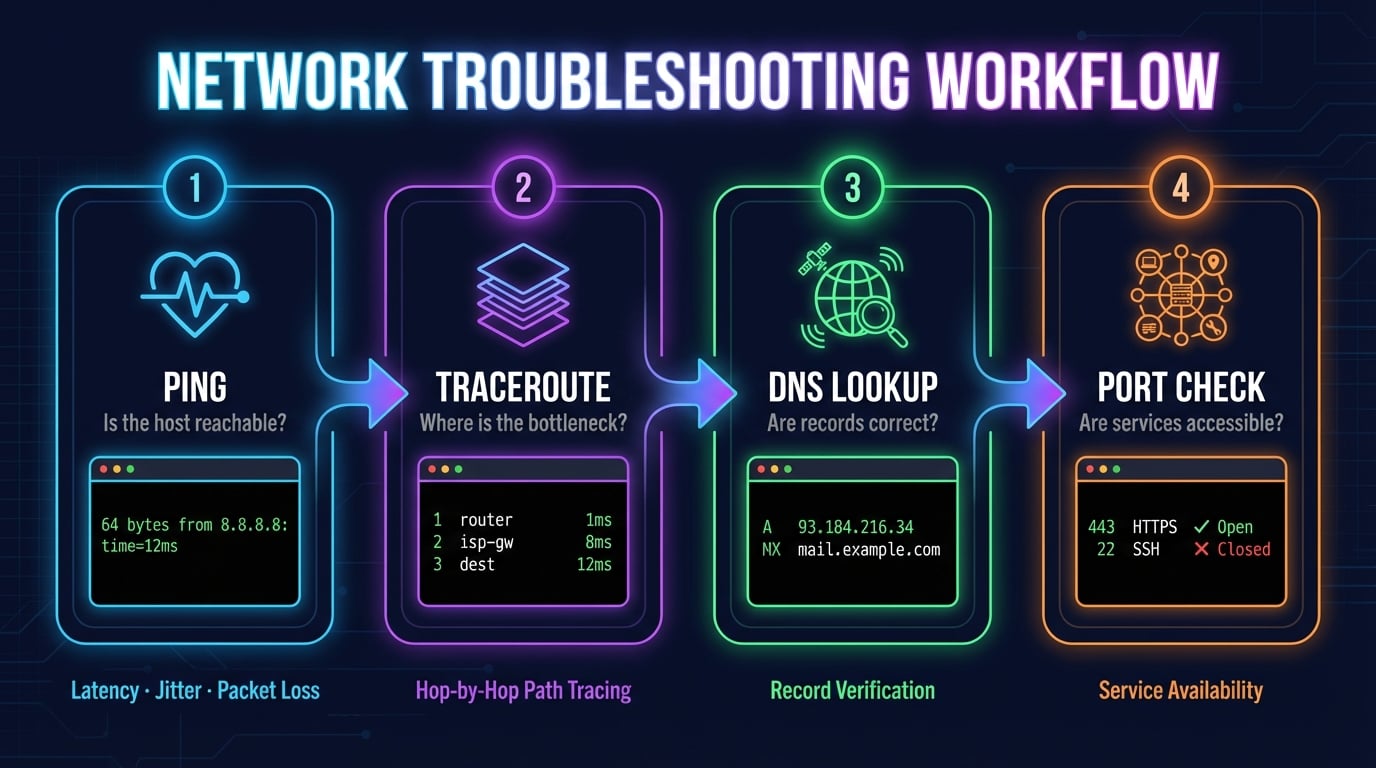 Ping, Traceroute, DNS Lookup, Port Checker를 사용한 네트워크 문제 해결 워크플로우