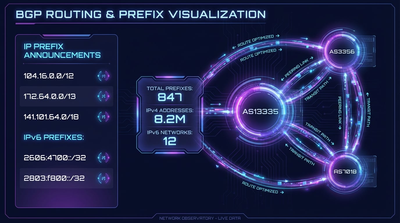 Infographic showing ASN lookup use cases including BGP analysis, security research, threat intelligence, and network troubleshooting